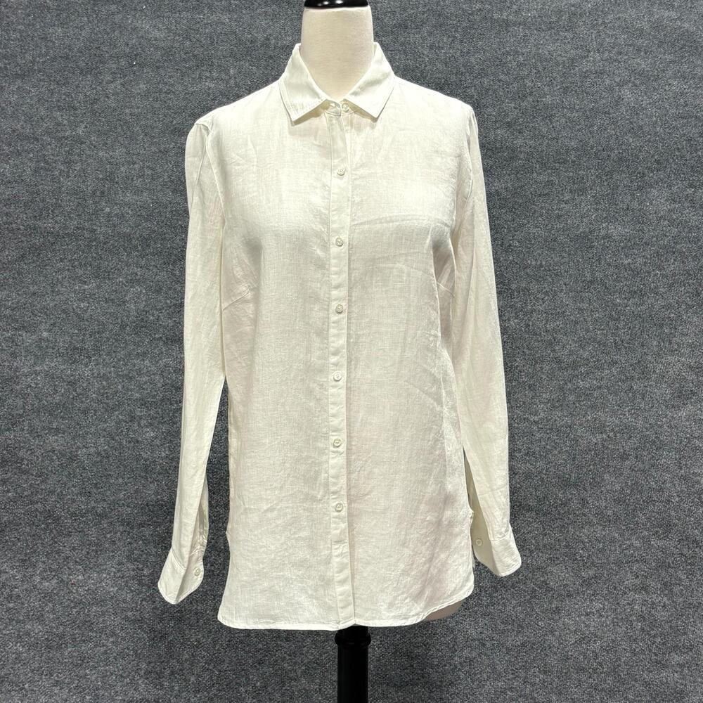 J McLaughlin Shirt Womens Medium White Linen Button Front Long Sleeve Tunic